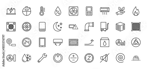 HVAC and climate control line icon set. Vector pictograms of fan, thermometer, air conditioner, heater, boiler, thermostat, ventilation pipe, thin outline illustration.