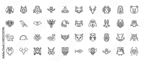 Wildlife line icon set including vector pictograms of owls, wolf, fox, deer, bear, eagle, raccoon, rabbit, squirrel, hedgehog, swan, cat, and frog in outline style.