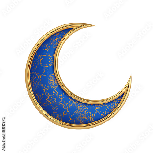 Luxury Gold Crescent Moon with Blue Floral Arabesque Pattern