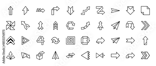 Directional arrow line icon set. Vector pictograms of pointer, cycle, paper plane, curve, folding, square, chevron, and flow symbols, thin outline illustration.