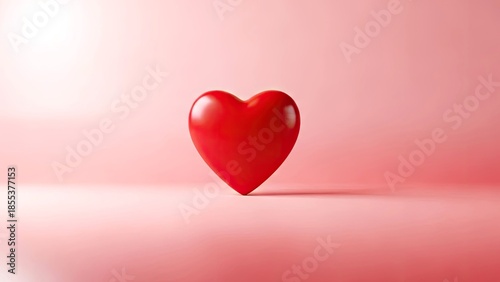 A vibrant red heart symbol, representing love, passion, and romance, set against a soft pink backdrop with subtle lighting