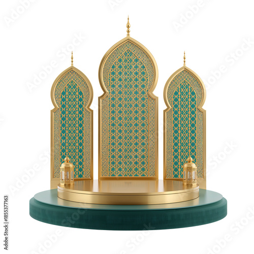 Luxury Islamic-Themed Podium Stage with Gold Arches and Lanterns