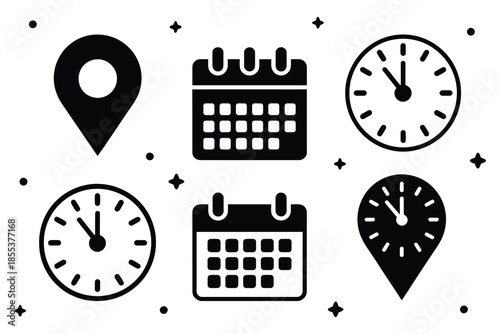 Time, Date, and Location Editable Stroke Icons Set, Minimalist Flat  Illustrations