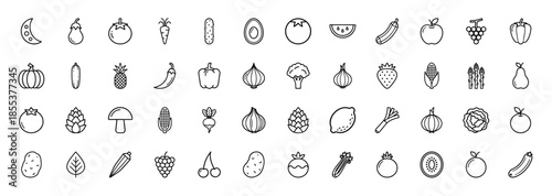 Fruit and vegetable line icon set. Vector pictograms of apple, pear, carrot, broccoli, corn, mushroom, tomato, pumpkin, grape, lemon and onion, thin outline illustration.