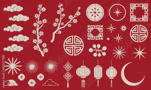 Traditional chinese new year elements set with clouds flowers lanterns and geometric patterns