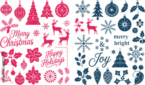 Red and blue christmas holiday greeting icons set for celebration