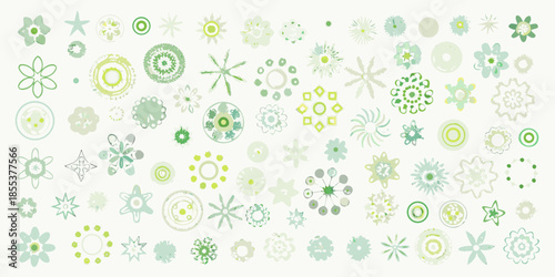 A collection of various light green and yellow floral and starburst shapes
