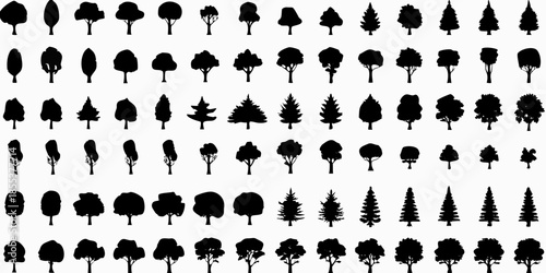 A collection of diverse tree silhouettes against a plain white background