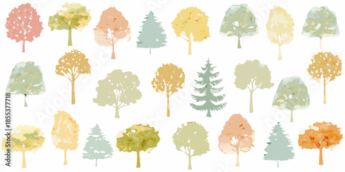 Watercolor painting of various trees in autumnal and pastel shades