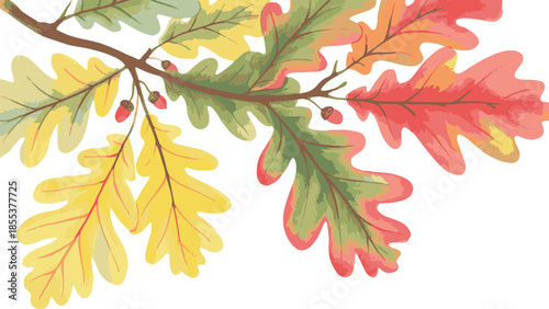 Watercolor oak branch with changing leaves and acorns in soft natural colors