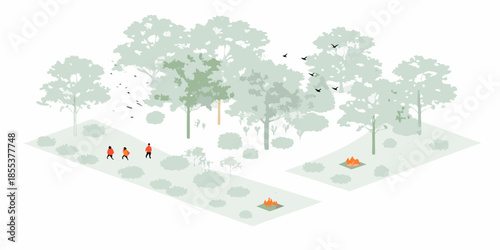 Isometric illustration of a park with trees paths and small figures