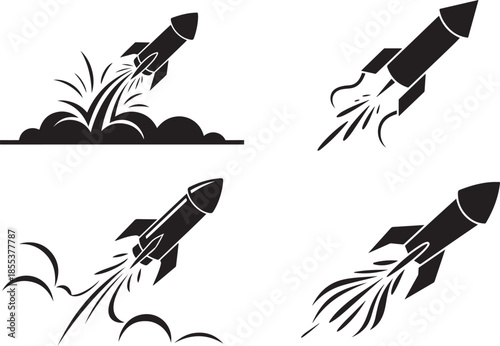 Set of four black silhouette icons showing rocket ships taking off and flying