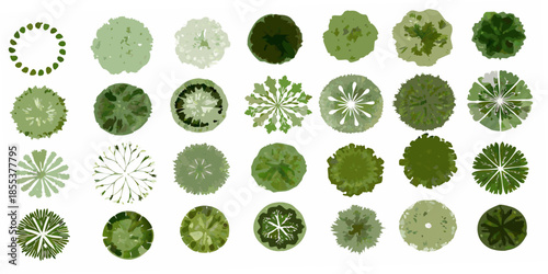 An assortment of green tree top views arranged in a grid pattern