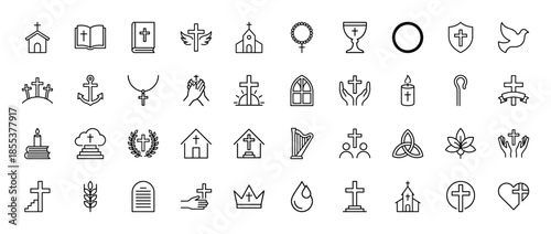 Christian religion line icon set. Vector pictograms of bible, cross, church, dove, prayer hands, chalice, candle, rosary and baptism, thin outline illustration.