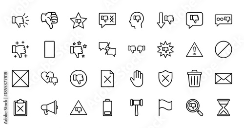 Negative feedback and disapproval line icon set. Vector pictograms of thumbs down, bad review, cancel, delete, stop, error, warning, prohibition, thin outline illustration.