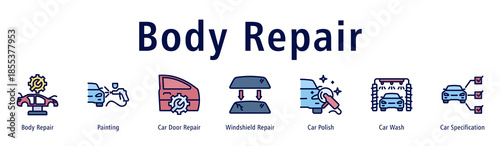 Body Repair web banner icon vector illustration with icons of Body Repair, Painting, Car Door Repair, Windshield Repair, Car Polish, Car Wash and Car Specification.