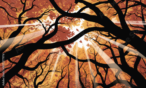 Autumn forest canopy silhouette with golden sunlight rays piercing through orange leaves