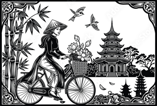 Asian bicycle rider, lotus flower basket, bamboo forest, pagoda temple, traditional hat, birds flying, cultural heritage, black and white illustration