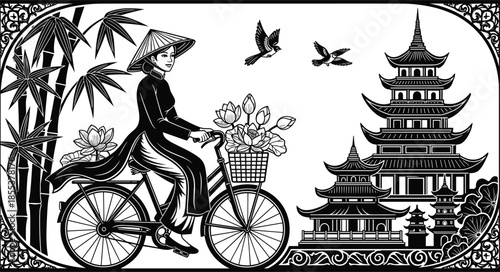 Asian bicycle rider, lotus flower basket, bamboo plants, pagoda temple, traditional hat, birds flying, cultural scene, black and white illustration