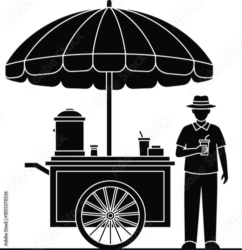 Street vendor cart silhouette, urban snack stall, beverage stand, outdoor refreshment, city culture, black and white illustration, informal economy scene