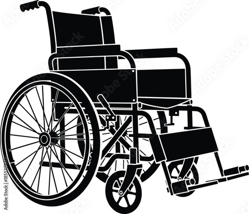 Manual wheelchair silhouette, mobility aid, accessibility icon, disabled support, hospital equipment, rehabilitation device, healthcare symbol, black and white illustration
