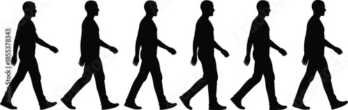 Walking cycle silhouette, human motion sequence, black figure illustration, biomechanics pose, animation reference, gait analysis, posture study, movement art, minimal style