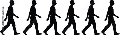 Walking silhouette repetition, black figure sequence, human motion cycle, minimal style, posture illustration, movement concept, animation reference, gait study, flat design