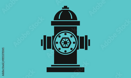 Stylized fire hydrant silhouette, cyan background, urban safety symbol, emergency water source, firefighting icon, vector illustration, bold graphic design