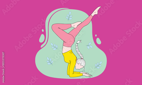 Yoga pose illustration, acrobatic balance, braided hair, colorful outfit, forearm stand, flexibility art, mint green background, vibrant magenta, wellness concept