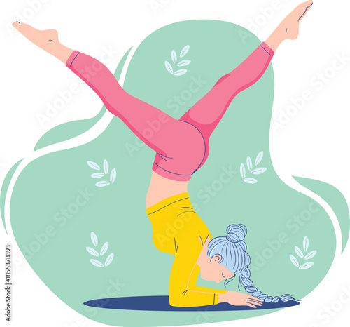 Yoga forearm stand, braided hair, pink leggings, yellow top, fitness illustration, green abstract background, balance pose, flexibility, wellness, vibrant art