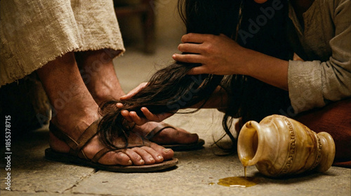 Biblical scene of a sinful woman (Mary Magdalene) anointing Jesus' feet with perfume oil and wiping them with her hair.