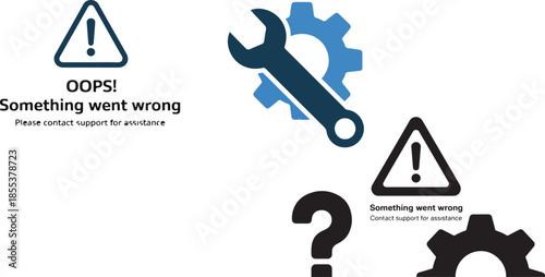 Oops something went wrong message with symbols for assistance and technical help