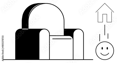 Home concept. Geometric design of a chair, house, and smile icon emphasizing comfort and happiness at home. Home and well-being with creative and minimalist shapes. Perfect for modern decor, interior