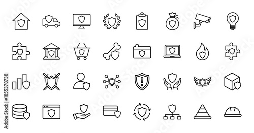 Security and protection line icon set. Vector pictograms of shield, cctv, home safety, firewall, secure payment, insurance, data privacy, thin outline illustration.