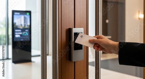 Blank white contactless key card against a modern electronic smart door lock.