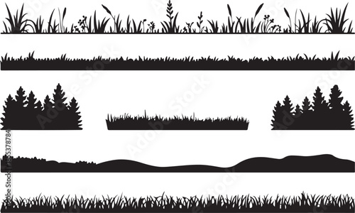 Silhouette borders of natural tall grass reeds and thicket for landscape elements