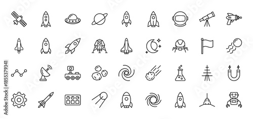 Space and astronomy line icon set. Vector pictograms of rocket, astronaut helmet, planet, satellite, ufo, telescope, shuttle, rover and galaxy, thin outline illustration.
