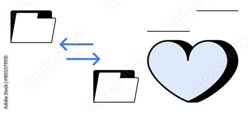 Collaboration, data exchange, teamwork, digital storage, online connectivity, file sharing. Folders connected by arrows alongside a heart icon. Collaboration and data exchange concepts