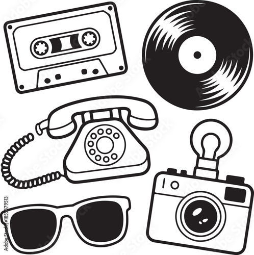 Retro items cassette tape, vinyl record, rotary phone, camera, sunglasses