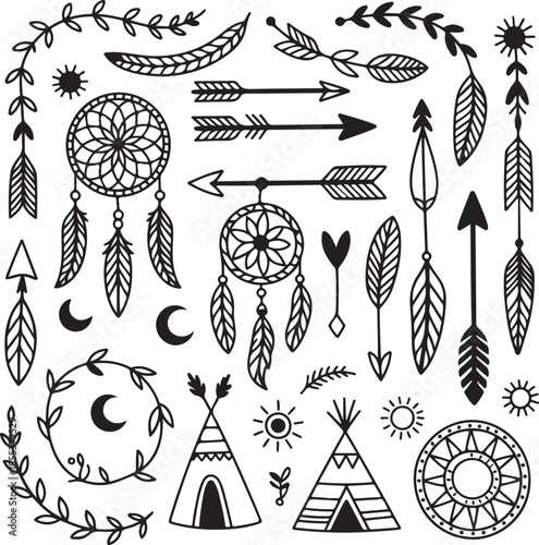 Bohemian tribal elements collection includes dream catchers arrows feathers and teepee wigwams