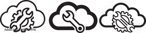 Cloud computing maintenance icons showing wrench and gear symbols inside cloud shapes