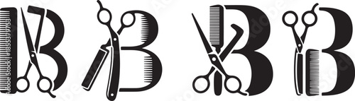 Letter B with barber tools like scissors comb and razor for branding