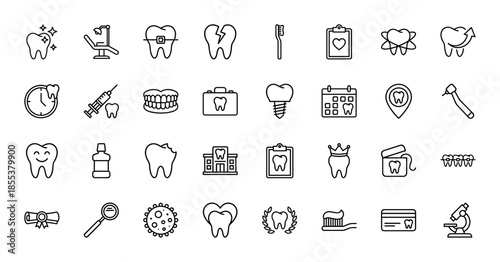 Dental care line icon set. Vector pictograms of tooth, braces, implant, syringe, drill, brush, floss, clinic, crown, and hygiene, thin outline illustration.