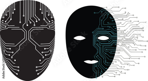 Two abstract human face masks made of electronic circuit board technology and wires