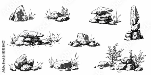 A collection of stacked stones and rocks with surrounding vegetation depicted in sketch style