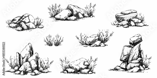 A collection of sketched rocks and small clumps of vegetation