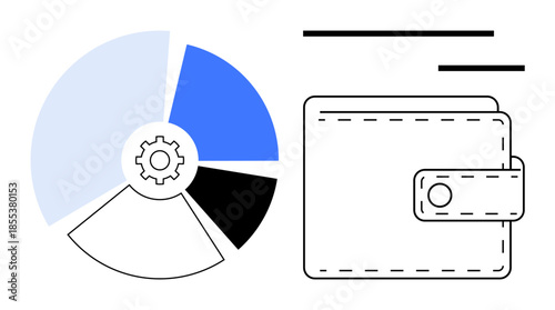 Budget planning, financial analysis, personal savings, expense tracking, money management, data organization. Minimalist pie chart with a gear and a wallet icon. Budget planning and financial