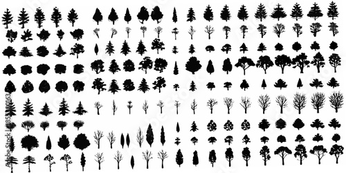 A collection of various stylized tree silhouettes against a white background