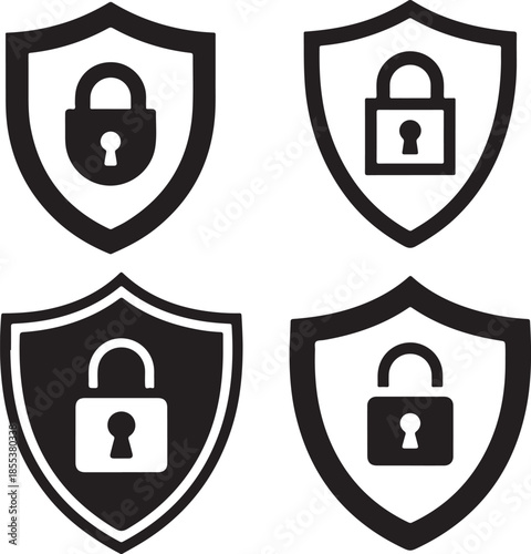 Shield security emblems featuring internal padlocks representing cyber data protection sets