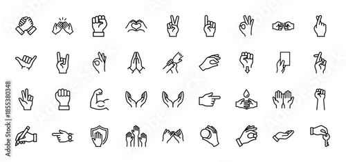 Hand gestures line icon set. Vector pictograms of handshake, applause, fist, heart, peace, pointing, ok sign, rock on, prayer and writing, thin outline illustration.